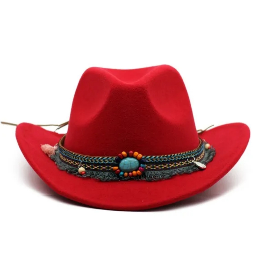 Western Southern Red Cowboy Hat Turquoise Tassels Pendants Fringe Accent Boho - Picture 3 of 17